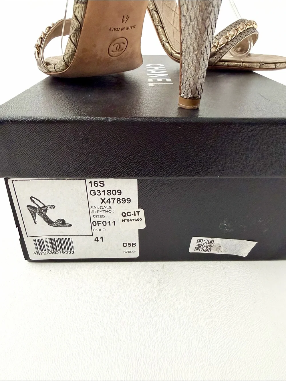 CHANEL | Gold Bronze Python CC Logo Chain Ankle Strap High Heel Sandals EU 41